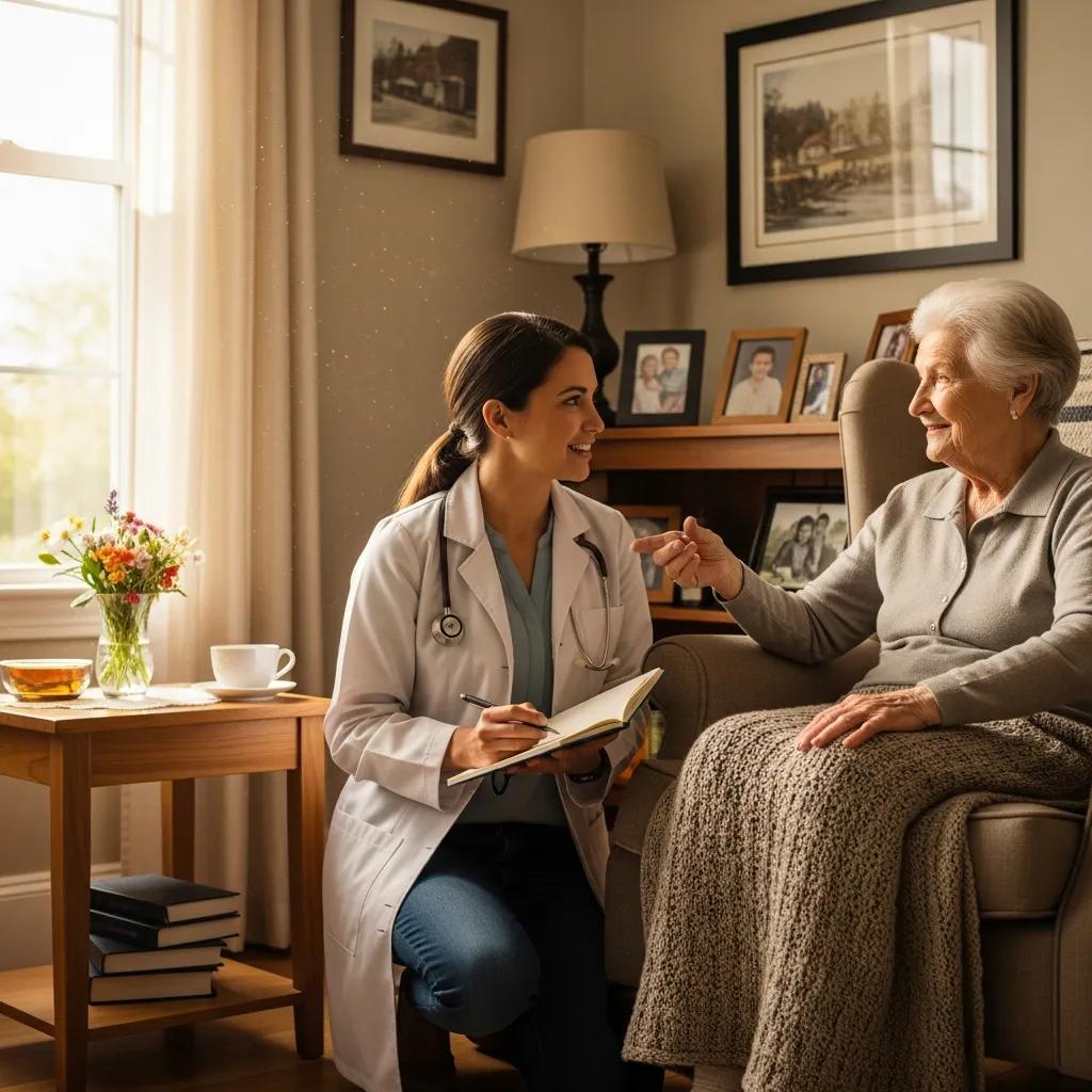 Doctor providing personalized care during a home visit, interacting with an elderly patient in a comfortable living room setting, emphasizing in-home healthcare and tailored medical attention.