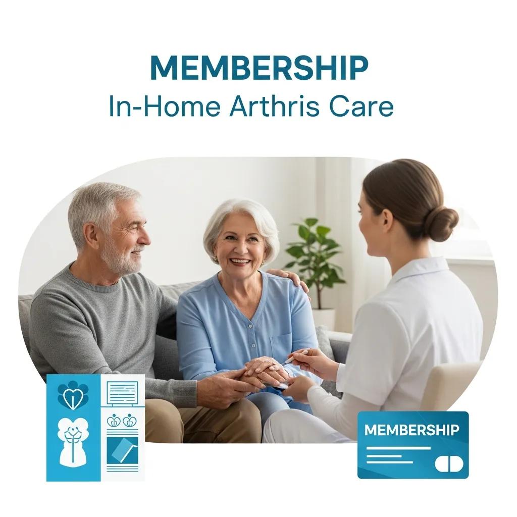 Elderly couple receiving personalized in-home arthritis care from a healthcare provider, highlighting membership benefits
