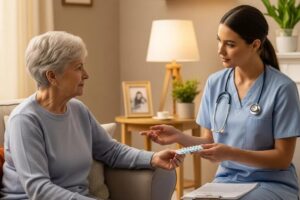 Elderly person receiving medication management assistance at home