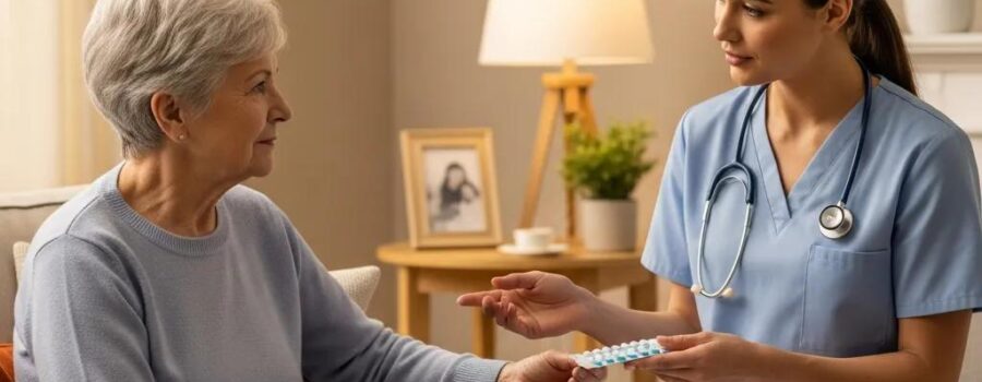 Elderly person receiving medication management assistance at home