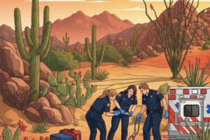 Emergency medical personnel assisting in the Arizona desert, highlighting the importance of preparedness