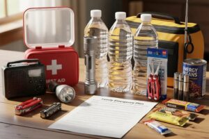 Emergency preparedness kit with essential items for personal safety and planning