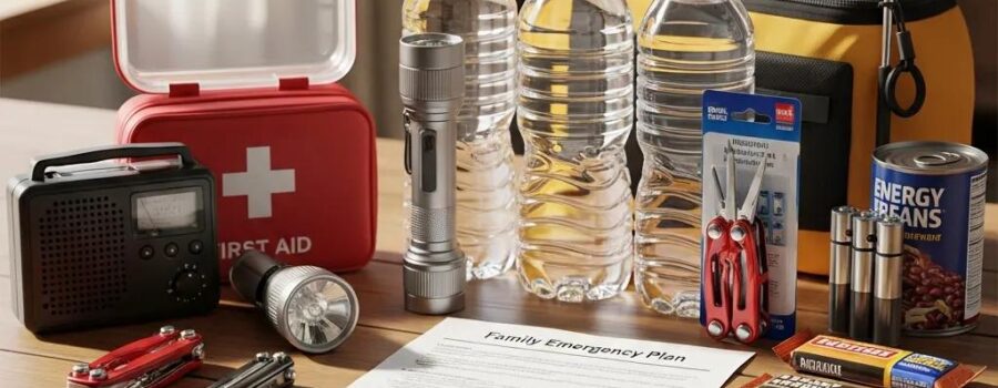Emergency preparedness kit with essential items for personal safety and planning