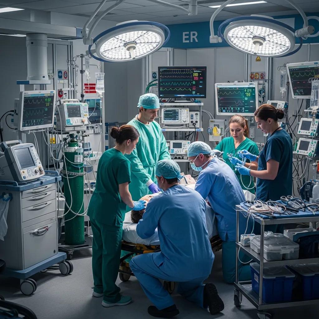 Emergency room scene with medical professionals attending to patients in a high-tech environment