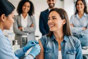 Employees receiving flu shots in a corporate office, promoting workplace wellness