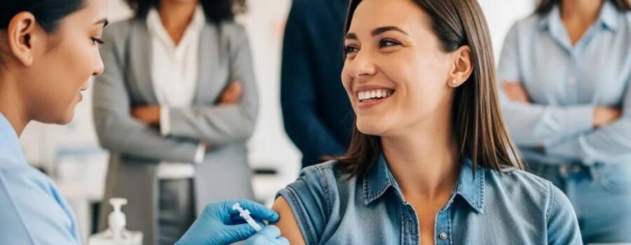 Employees receiving flu shots in a corporate office, promoting workplace wellness