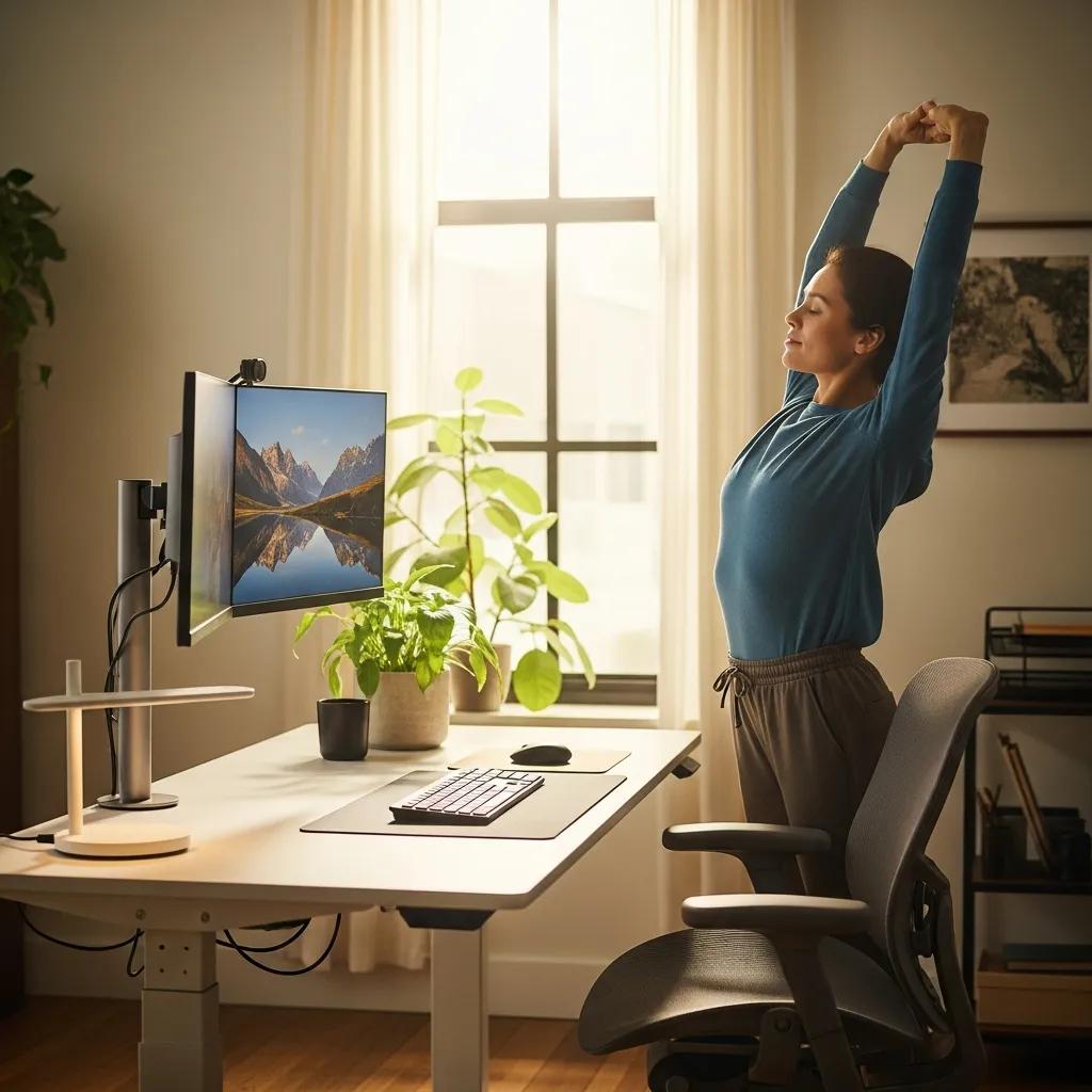 ergonomic-workstation-setup-with-proper-monitor-height-and-a-person-stretching-496f3913-48a8-493a-ad8f-3ea528a31ea3jpg - Desert Mobile Medical | Concierge Physicians Ergonomic workstation setup with proper monitor height and a person stretching