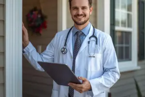 Smiling male doctor in a white coat holding a tablet outside a home.