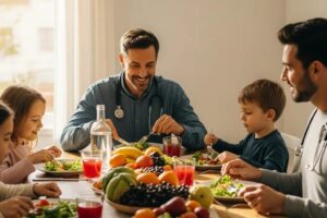 Family enjoying a healthy meal, representing the financial benefits of Direct Primary Care