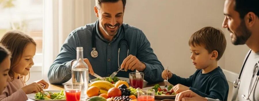 Family enjoying a healthy meal, representing the financial benefits of Direct Primary Care