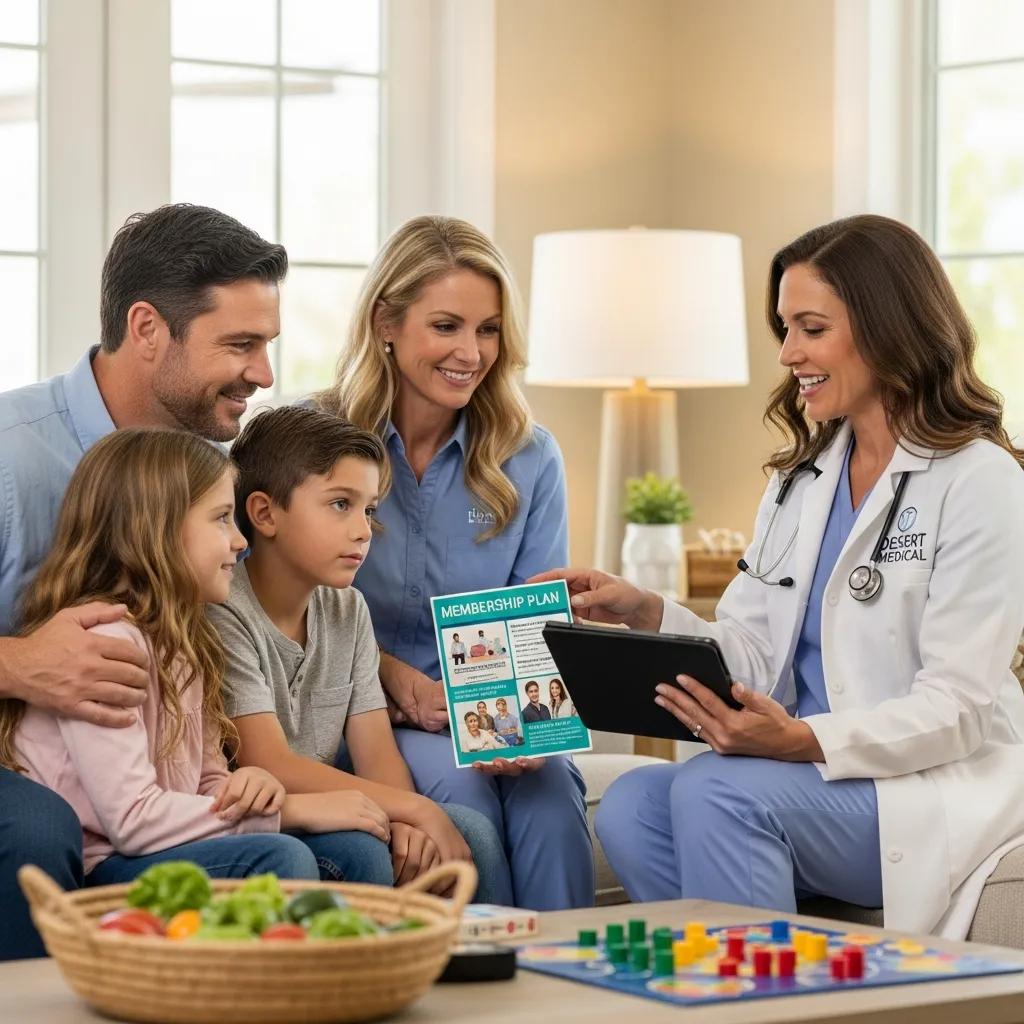 Family interacting with a mobile concierge doctor at home, highlighting membership benefits