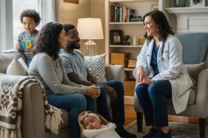 Family receiving personalized healthcare from a provider in a cozy home environment
