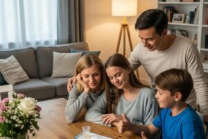 Family using an in-home drug testing kit in a private setting, emphasizing comfort and confidentiality