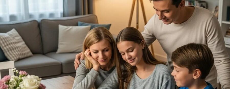 Family using an in-home drug testing kit in a private setting, emphasizing comfort and confidentiality