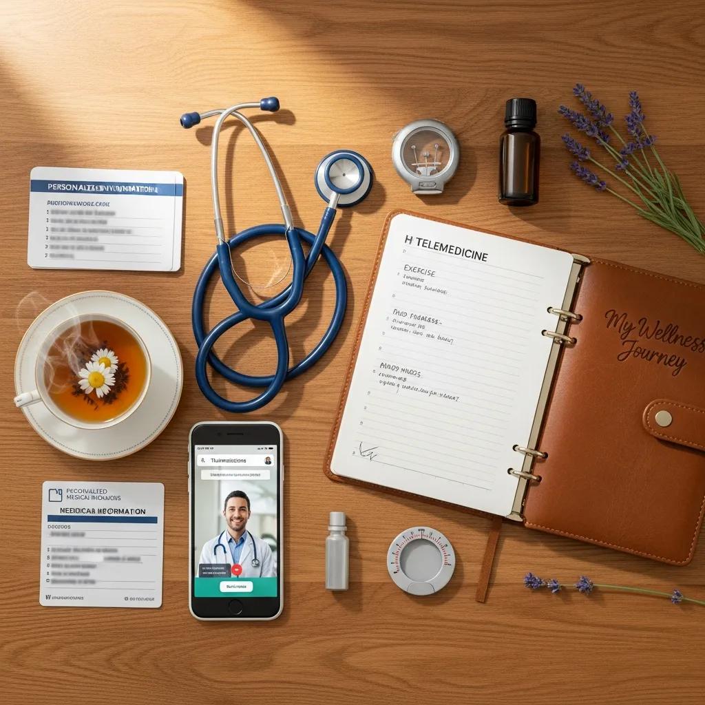 Flat lay of healthcare items including a stethoscope, smartphone displaying a telemedicine consultation, wellness journal titled "My Wellness Journey," personalized health information cards, tea cup with flower, and essential oil bottle, representing concierge medicine benefits and personalized healthcare services.
