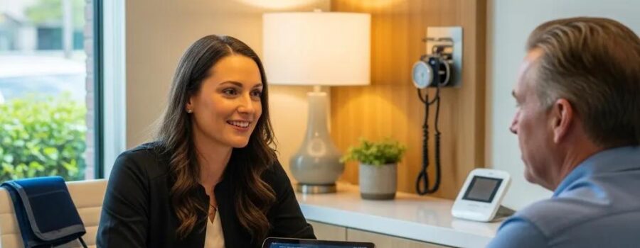Friendly healthcare provider engaging with a patient in a modern medical office, emphasizing personalized care
