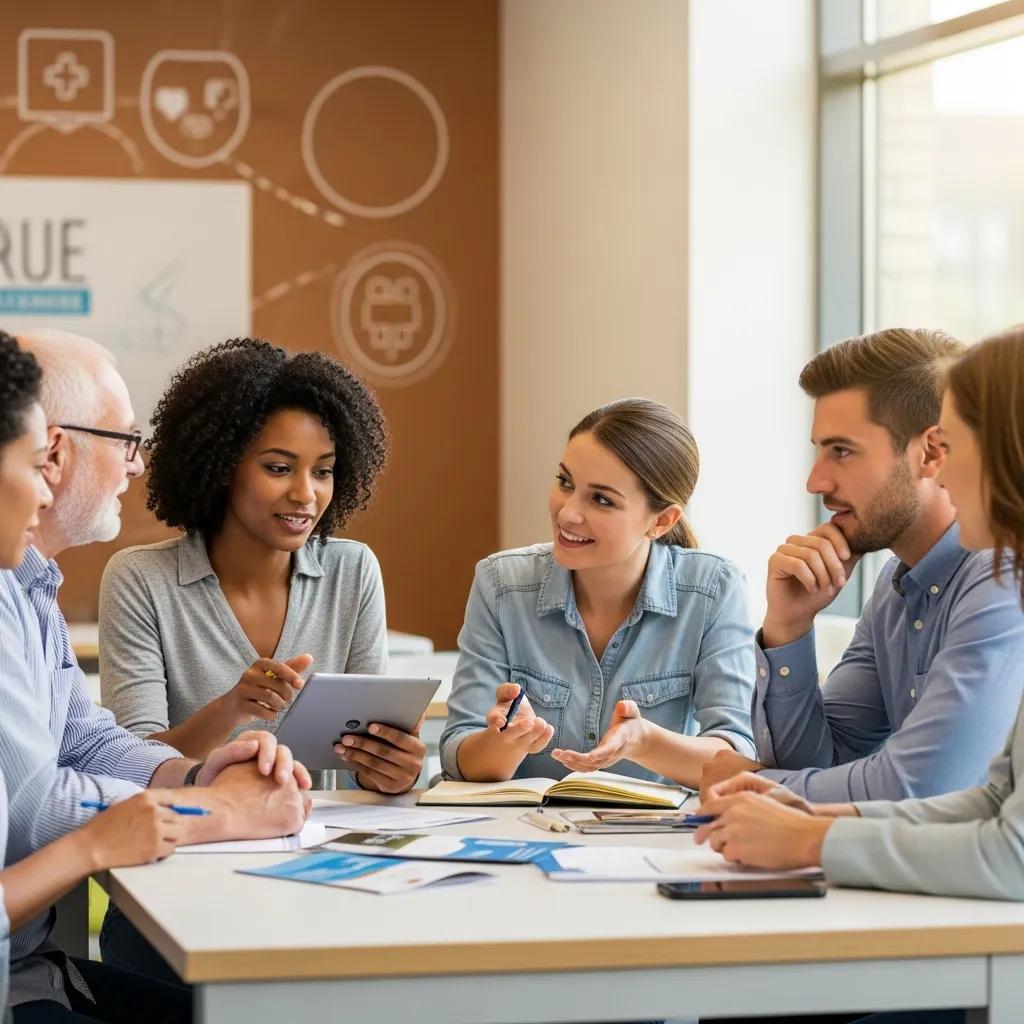 Group discussion about mobile healthcare membership plans, emphasizing community and engagement