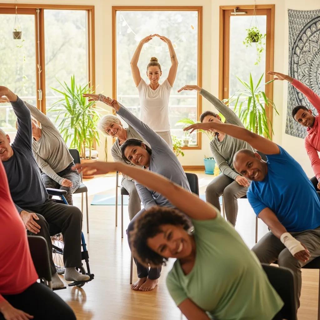 Group of individuals practicing chair yoga, promoting physical wellness through accessible hobbies