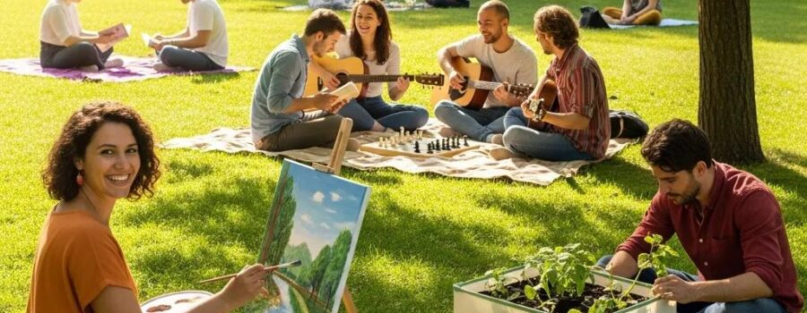 Group of people engaging in hobbies like painting and gardening in a sunny park, enhancing mental health