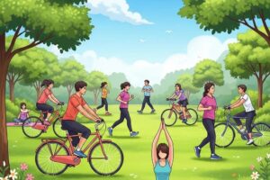 Group of people exercising outdoors in a park, promoting health and well-being