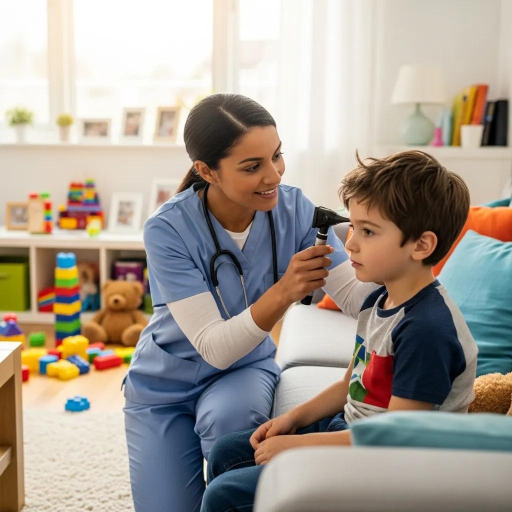 Healthcare professional assessing a child with an ear infection in a home environment