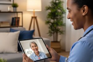 Healthcare professional consulting with a patient via tablet in a modern home setting