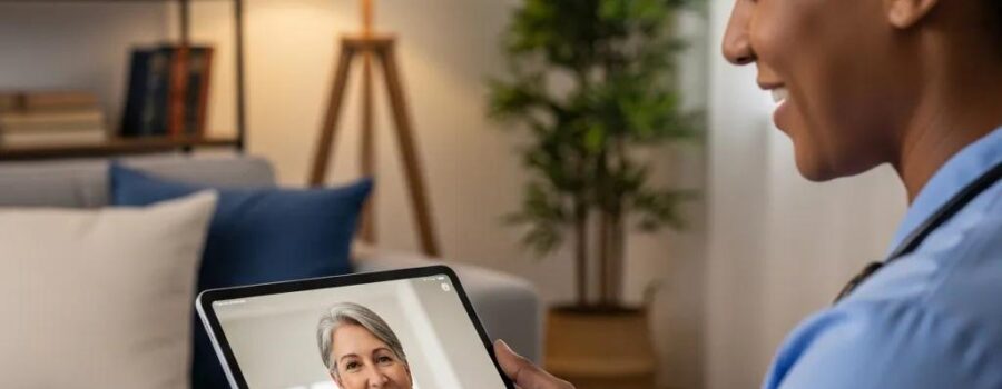 Healthcare professional consulting with a patient via tablet in a modern home setting