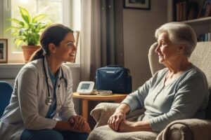 Healthcare professional engaging with a patient in a home setting, highlighting direct physician access