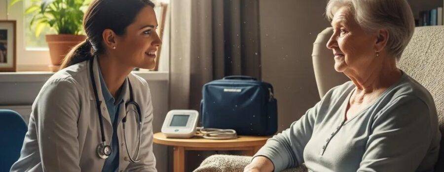 Healthcare professional engaging with a patient in a home setting, highlighting direct physician access
