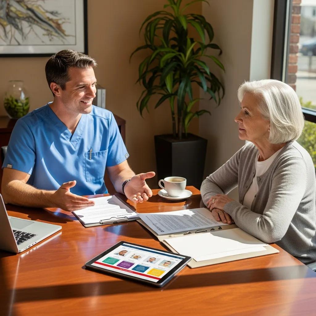 Healthcare professional explaining insurance options to a patient in a welcoming office environment