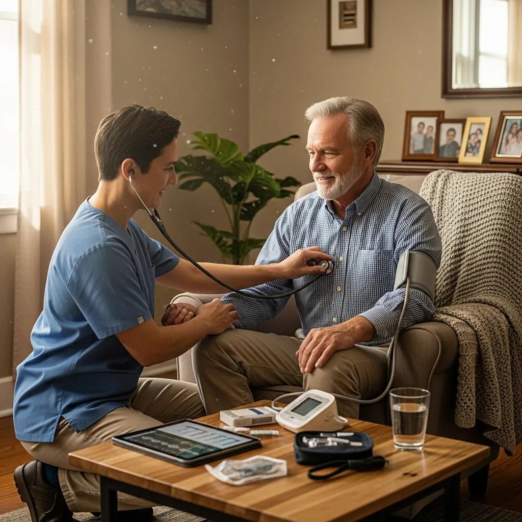 Healthcare professional providing a check-up in a patient's home, showcasing mobile medical services