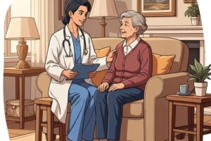 Healthcare professional providing in-home medical care to a senior in a cozy living room
