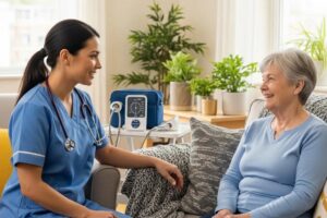 Healthcare professional providing personalized care to a patient in a cozy home environment