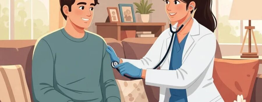 Healthcare professional providing urgent care at home in a cozy living room setting