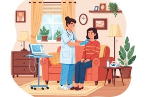 Healthcare professional providing urgent care at home in a cozy living room setting