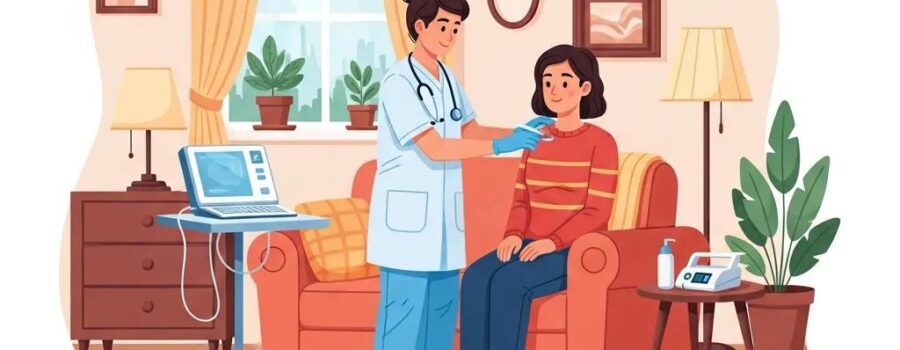 Healthcare professional providing urgent care at home in a cozy living room setting