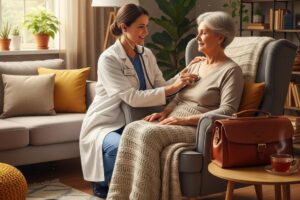 Healthcare professional providing urgent care at home in a cozy living room setting