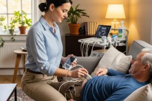 Healthcare professional using portable ultrasound device in a home setting