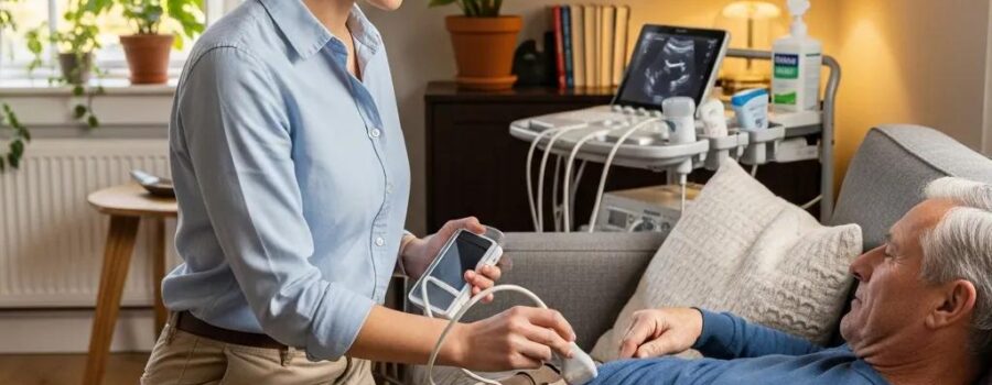 Healthcare professional using portable ultrasound device in a home setting
