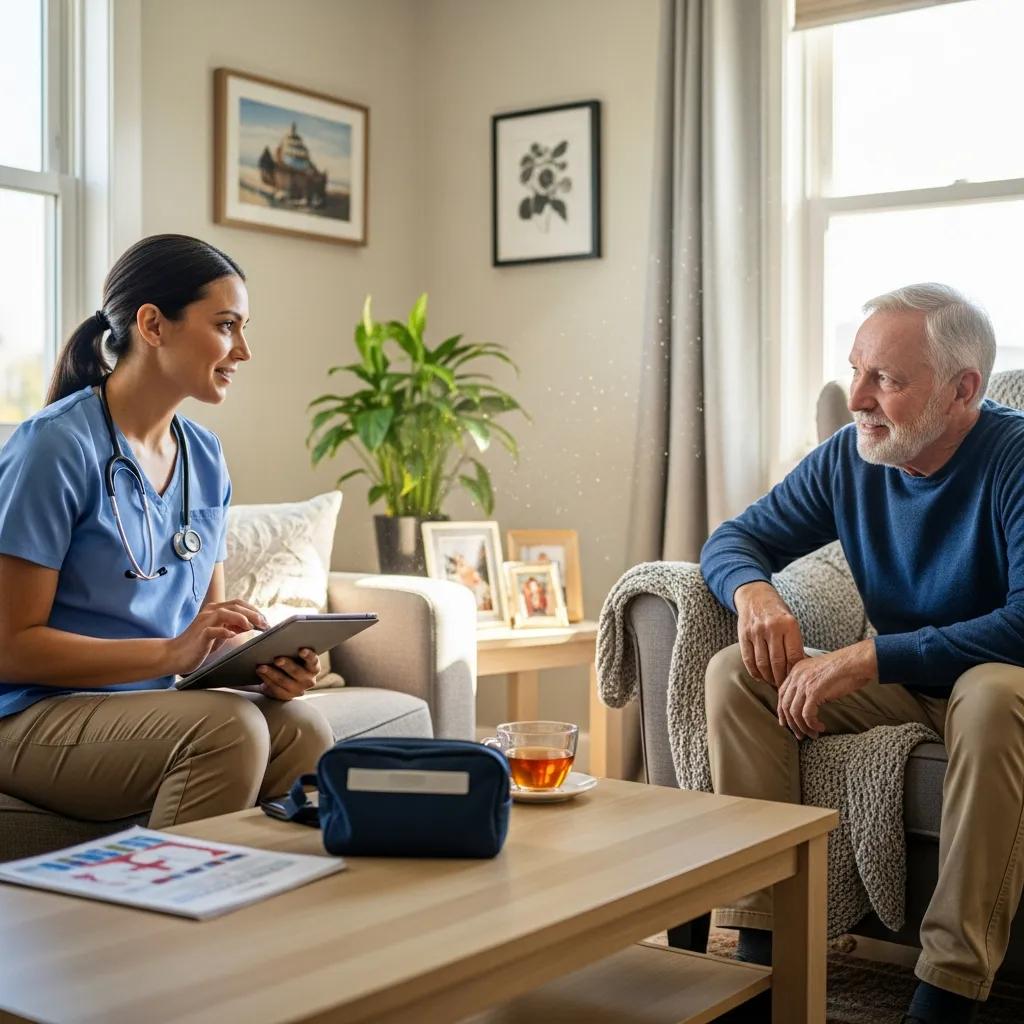 Healthcare provider and patient interaction in a home setting, emphasizing personalized mobile primary care services