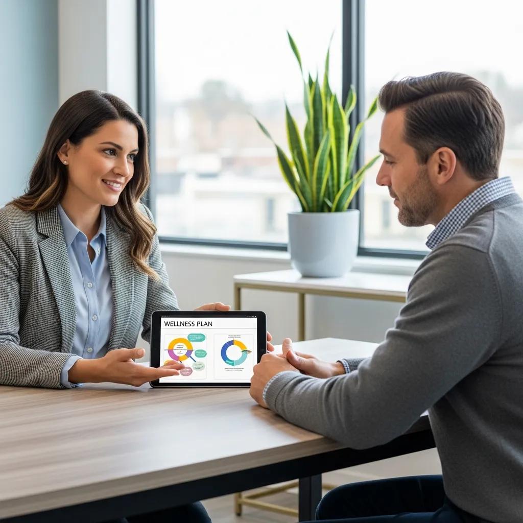 Healthcare provider and professional client discussing a personalized wellness plan in a modern office setting