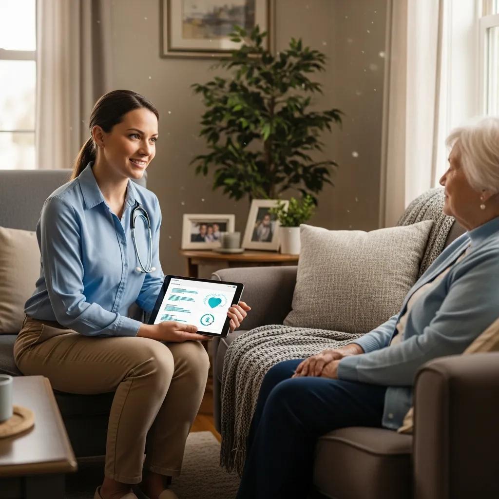 Healthcare provider conducting a home visit with a patient in a comfortable living room