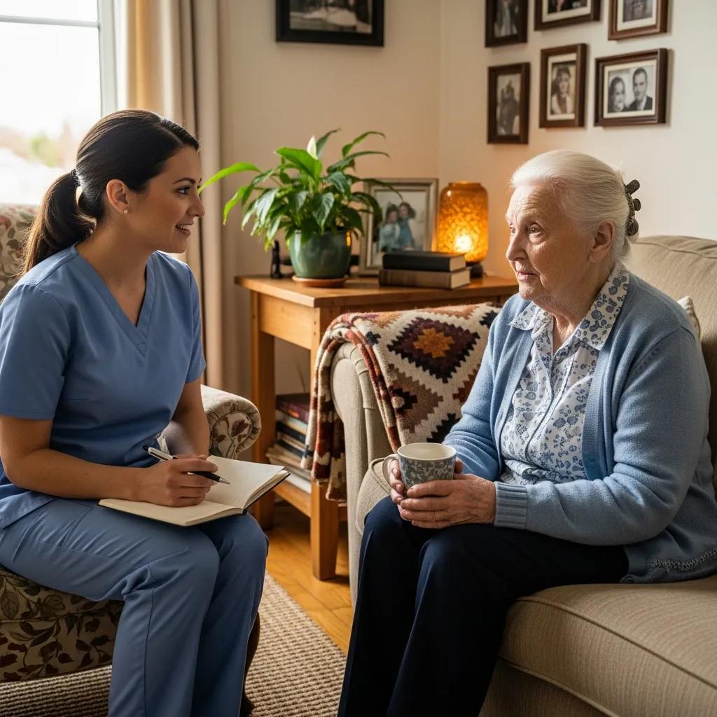 Healthcare provider discussing health concerns with an elderly patient in a home setting