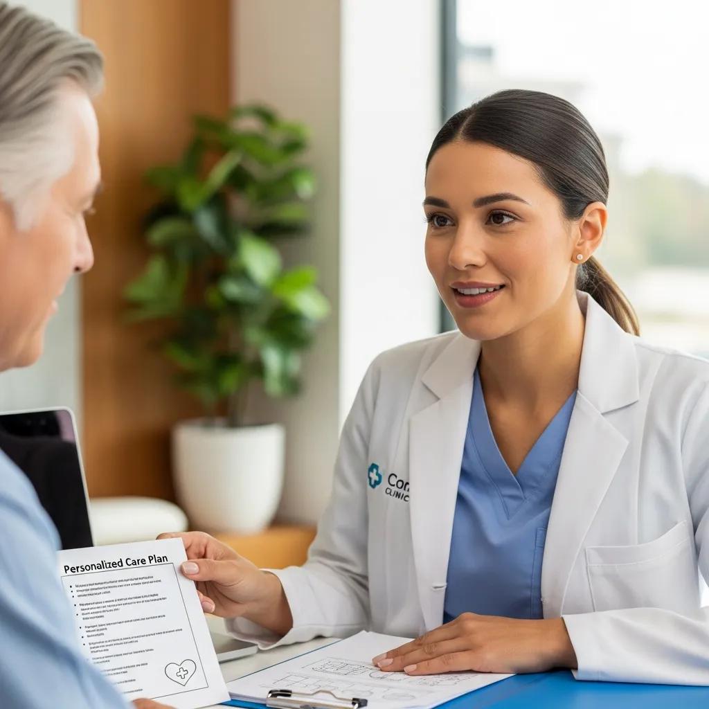 Healthcare provider discussing personalized care plan with a patient in a modern clinic