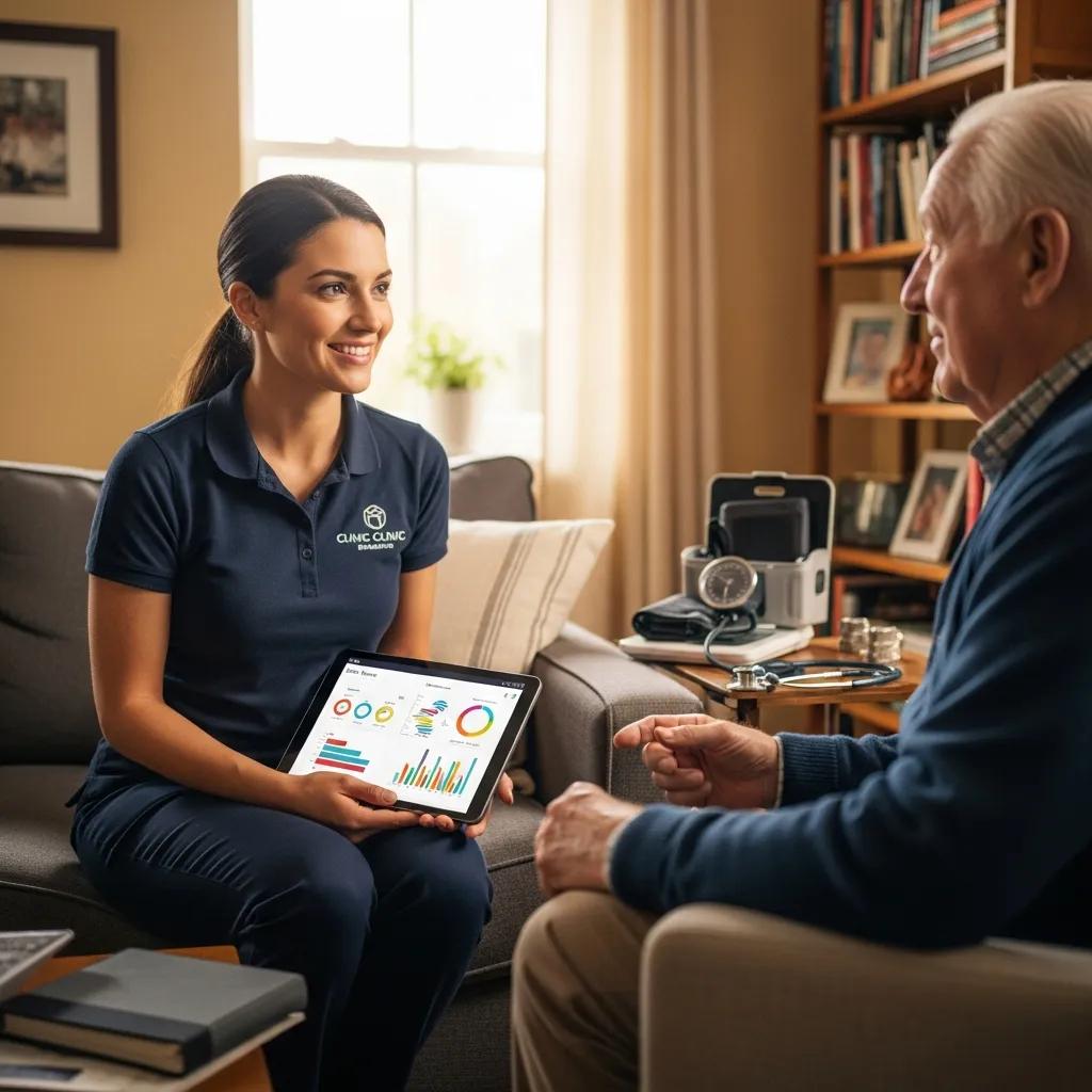 Healthcare provider discussing personalized health assessments with a patient in a comfortable home setting, showcasing a tablet with health data visuals.