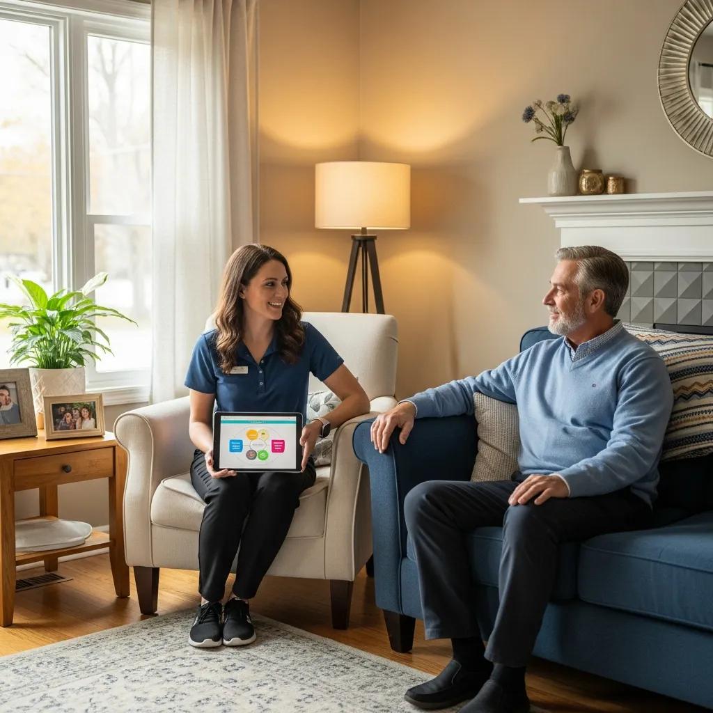 Healthcare provider offering personalized at-home medical care in a comfortable living room