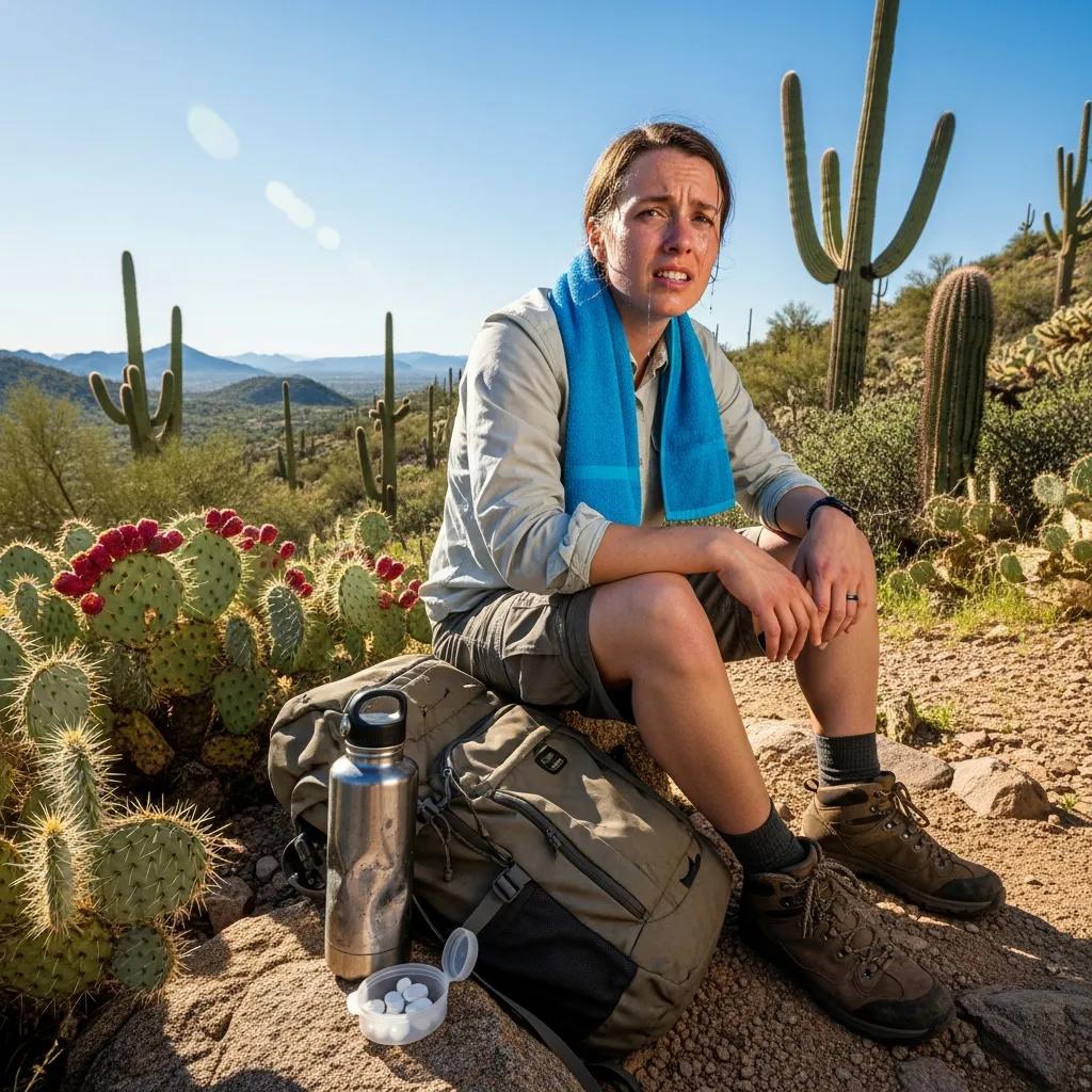 Hiker using a cooling towel and hydration supplies on a desert trail