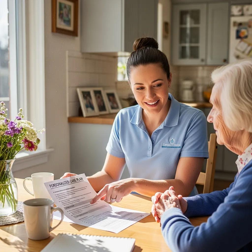 Home health aide discussing a personalized care plan with a client at a kitchen table