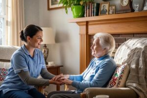 Home healthcare aide providing personalized care to an elderly client in a cozy living room