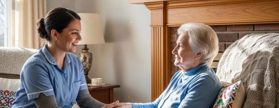 Home healthcare aide providing personalized care to an elderly client in a cozy living room